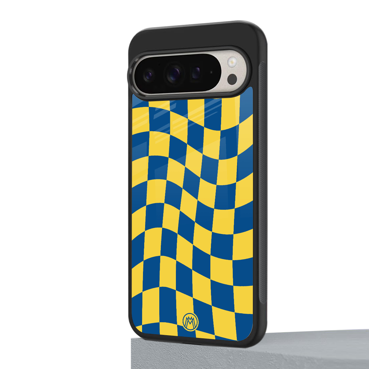 yellow blue trippy check pattern back phone cover | glass case for google pixel 9 pro xl