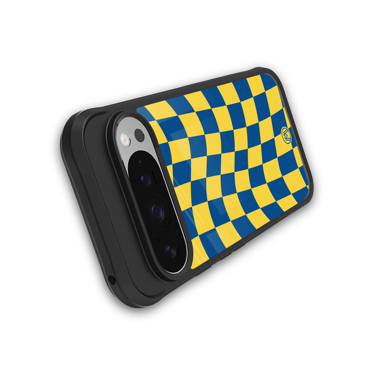 yellow blue trippy check pattern back phone cover | glass case for google pixel 9 pro xl