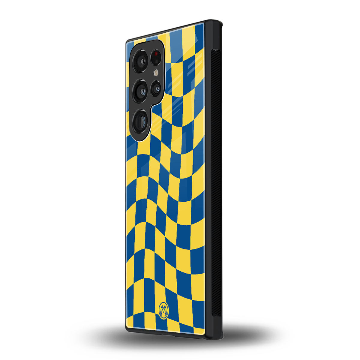 yellow blue trippy check pattern back phone cover | glass case for samsung galaxy s23 ultra