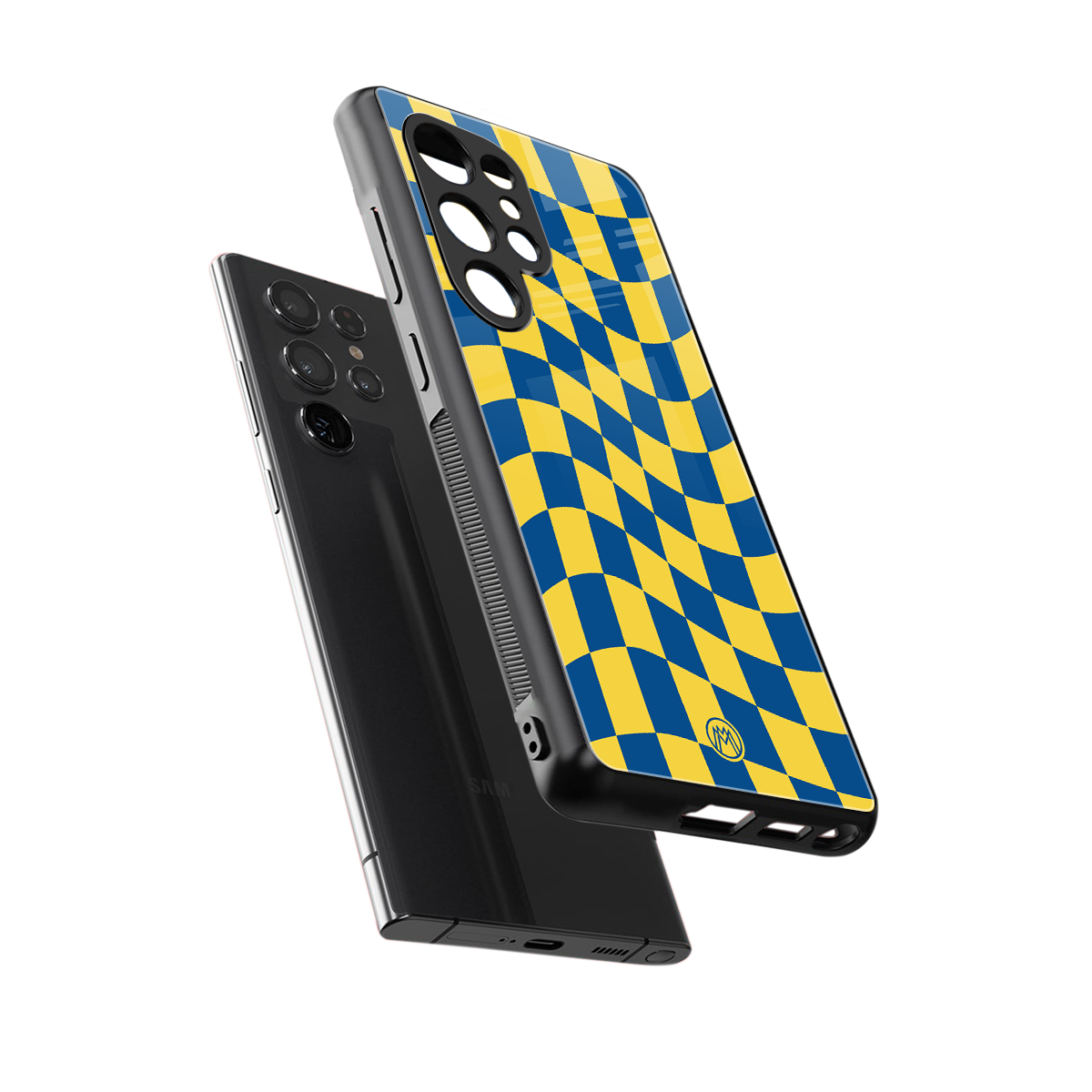 yellow blue trippy check pattern back phone cover | glass case for samsung galaxy s25 ultra