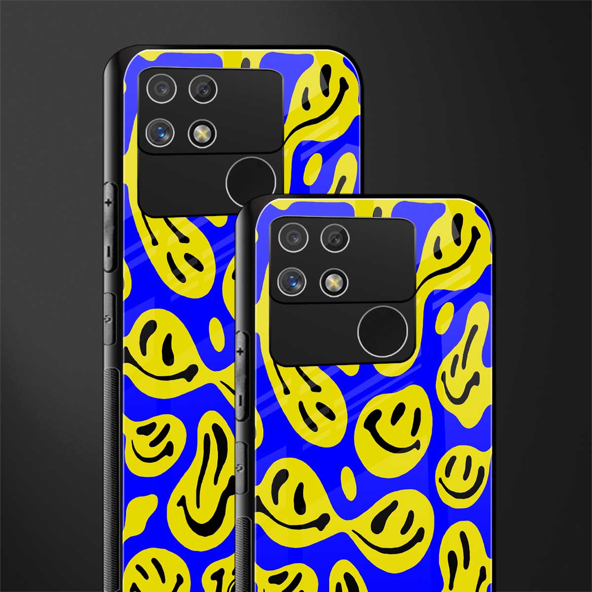 acid smiles yellow blue back phone cover | glass case for realme narzo 50a