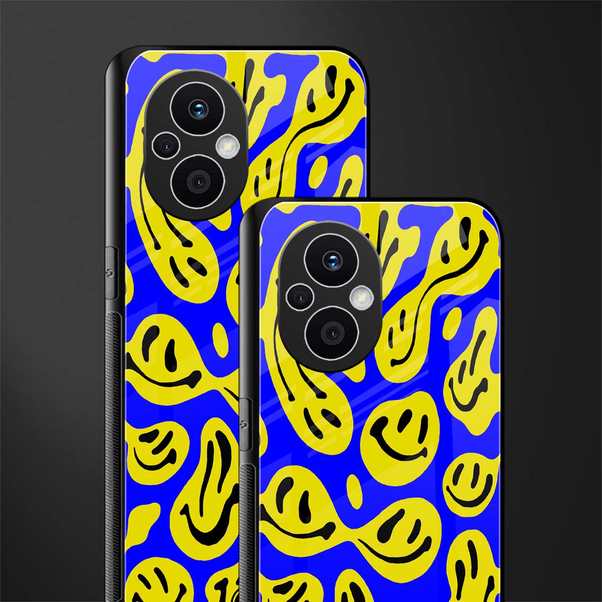 acid smiles yellow blue back phone cover | glass case for oppo f21 pro 5g