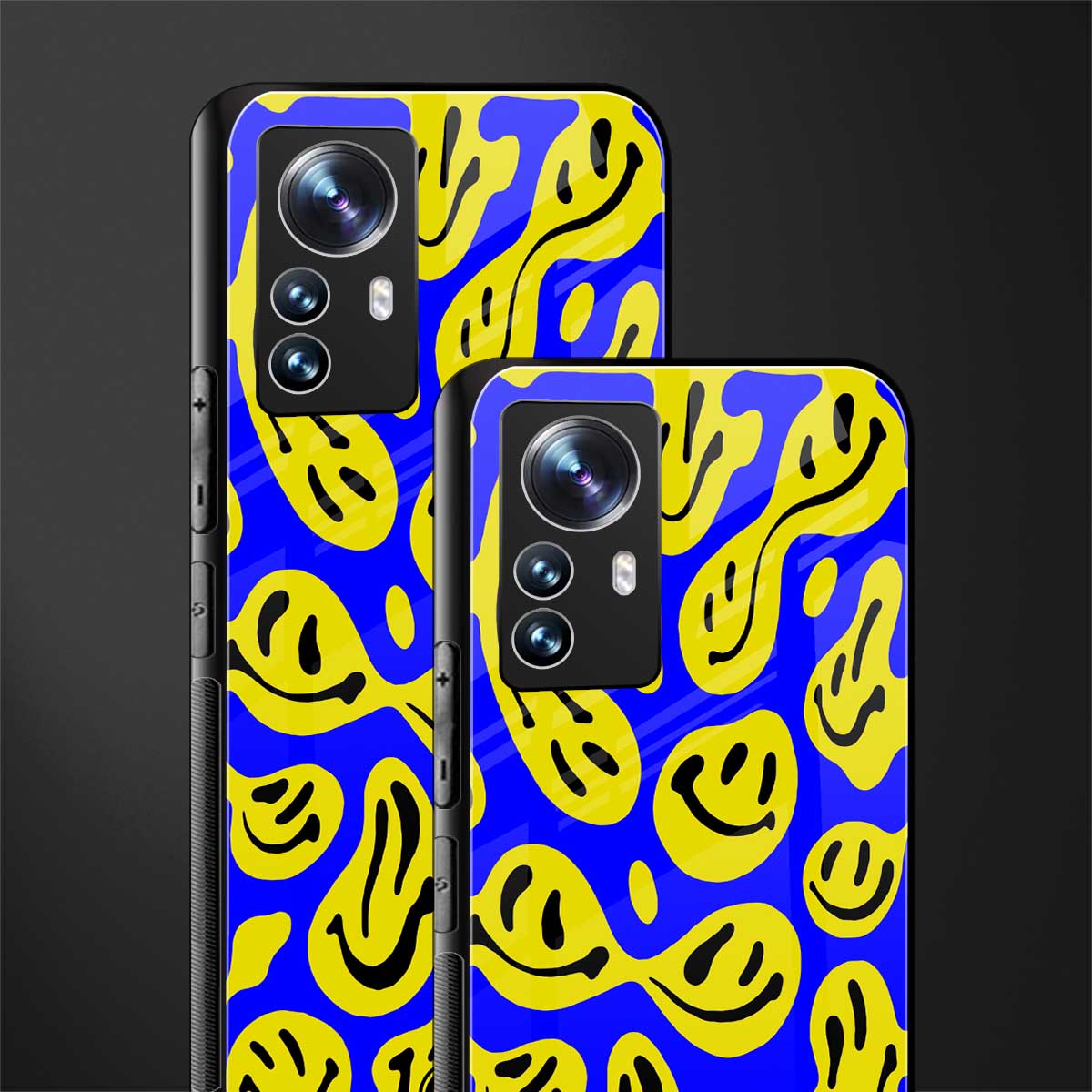 acid smiles yellow blue back phone cover | glass case for xiaomi 12 pro
