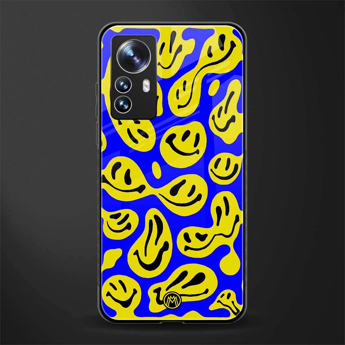 acid smiles yellow blue back phone cover | glass case for xiaomi 12 pro