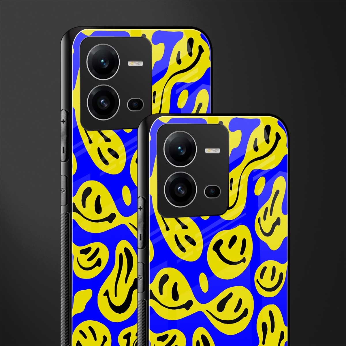 acid smiles yellow blue back phone cover | glass case for vivo v25-5g