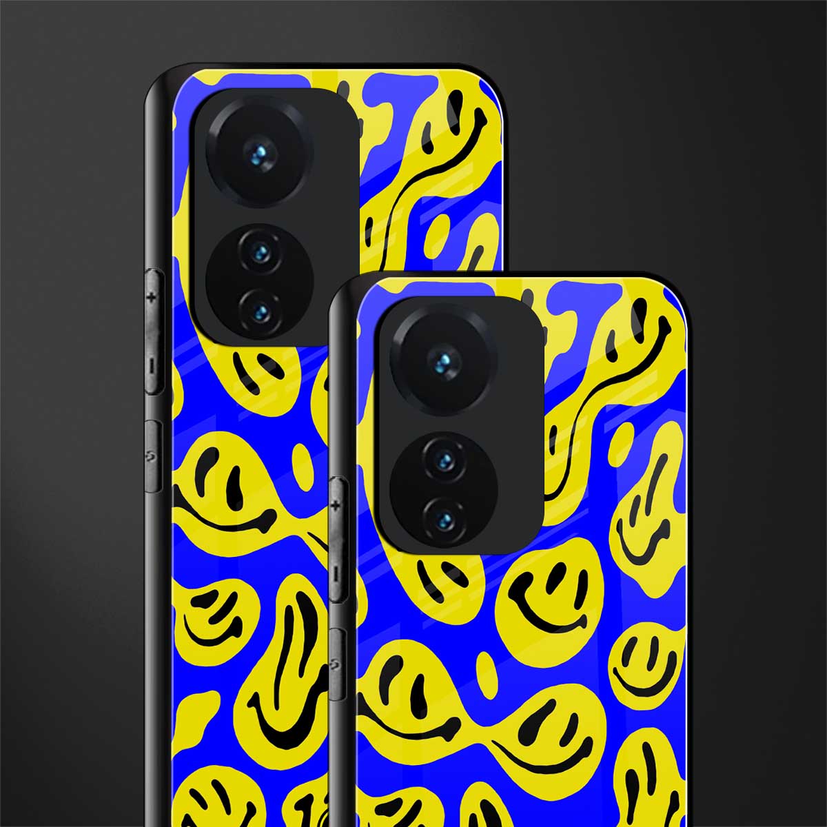 acid smiles yellow blue back phone cover | glass case for vivo t1 44w 4g