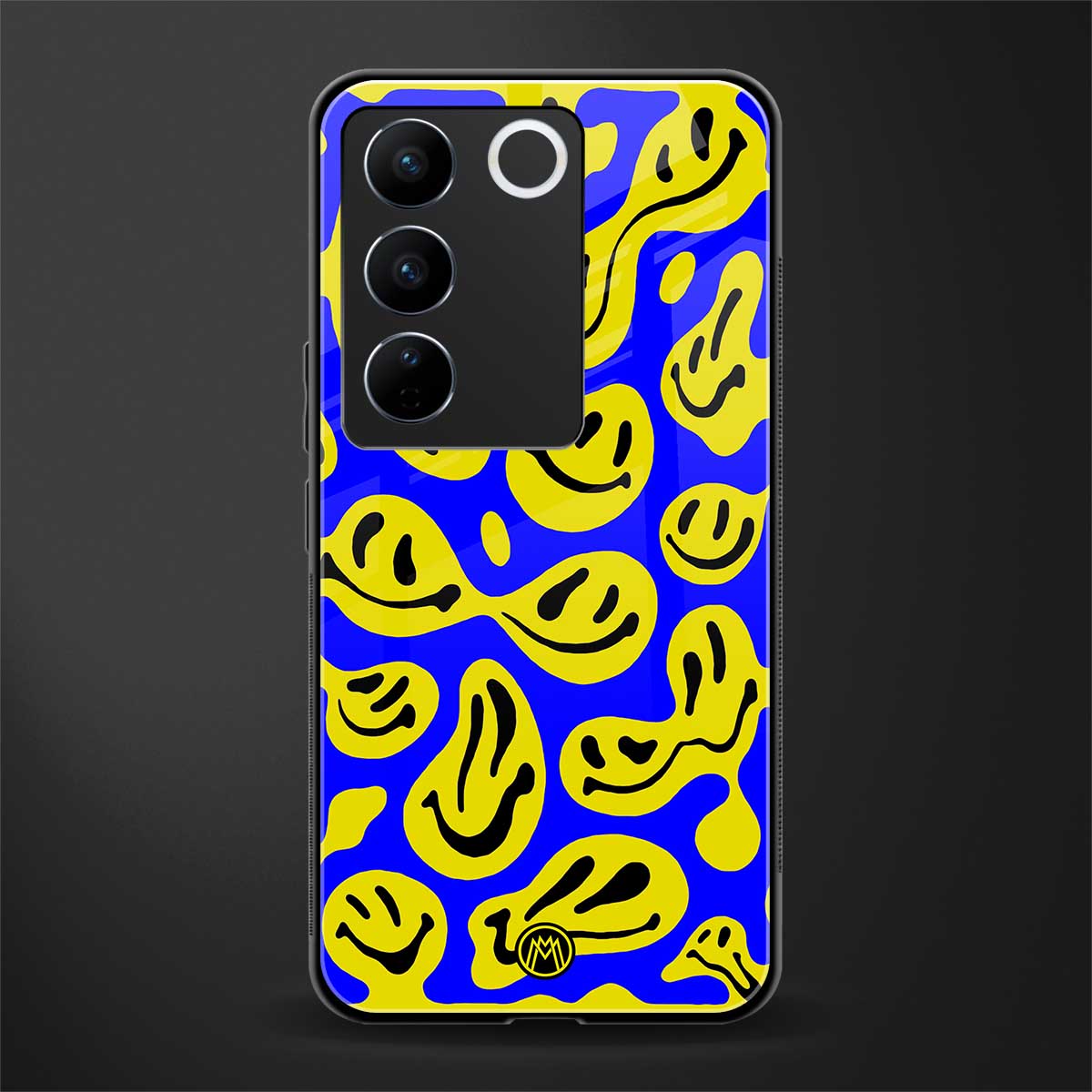 acid smiles yellow blue back phone cover | glass case for vivo v27 pro 5g