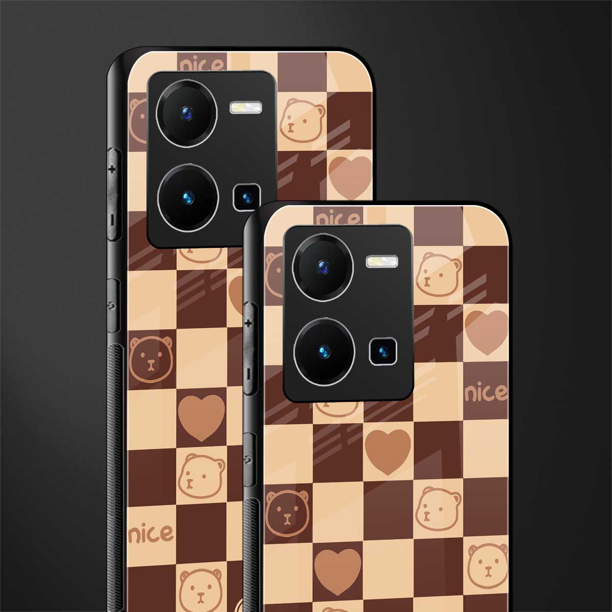 aesthetic bear pattern brown edition back phone cover | glass case for vivo y35 4g