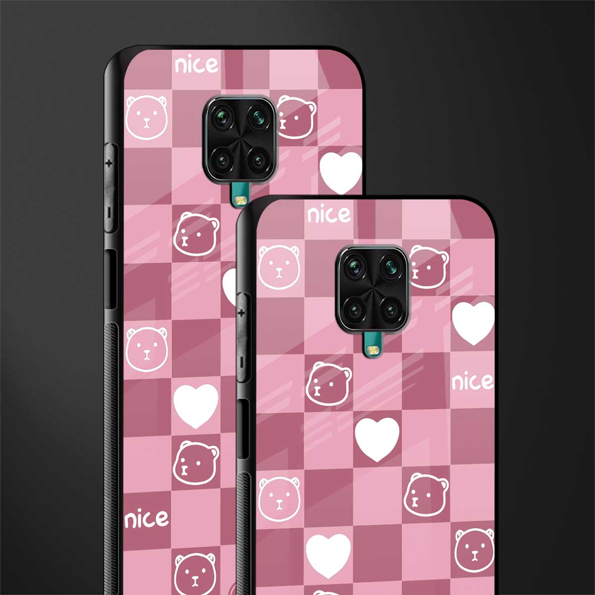 aesthetic bear pattern pink edition glass case for redmi note 9 pro image-2