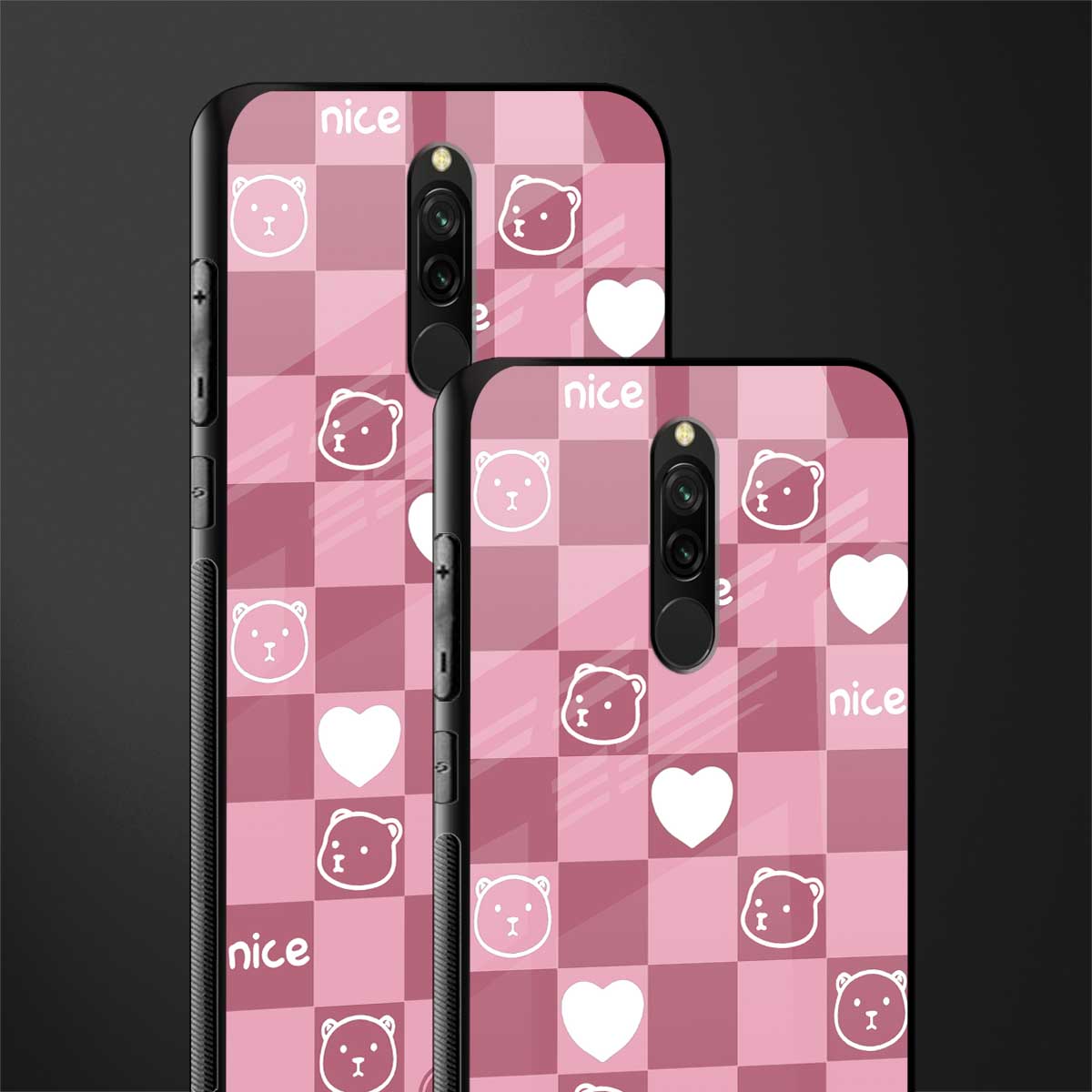 aesthetic bear pattern pink edition glass case for redmi 8 image-2