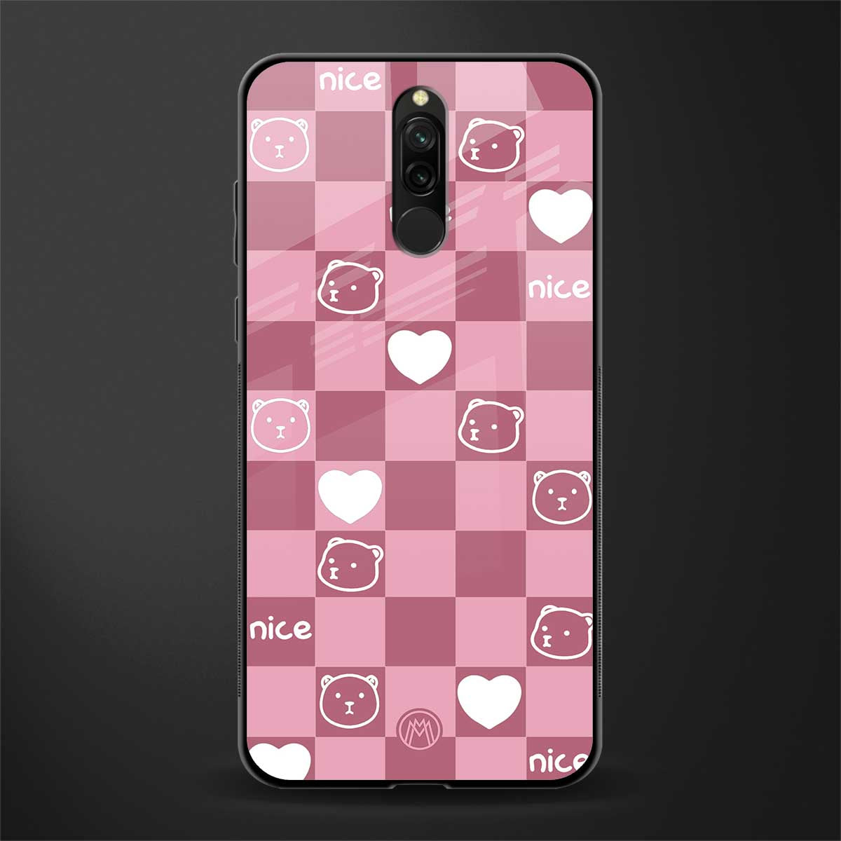 aesthetic bear pattern pink edition glass case for redmi 8 image