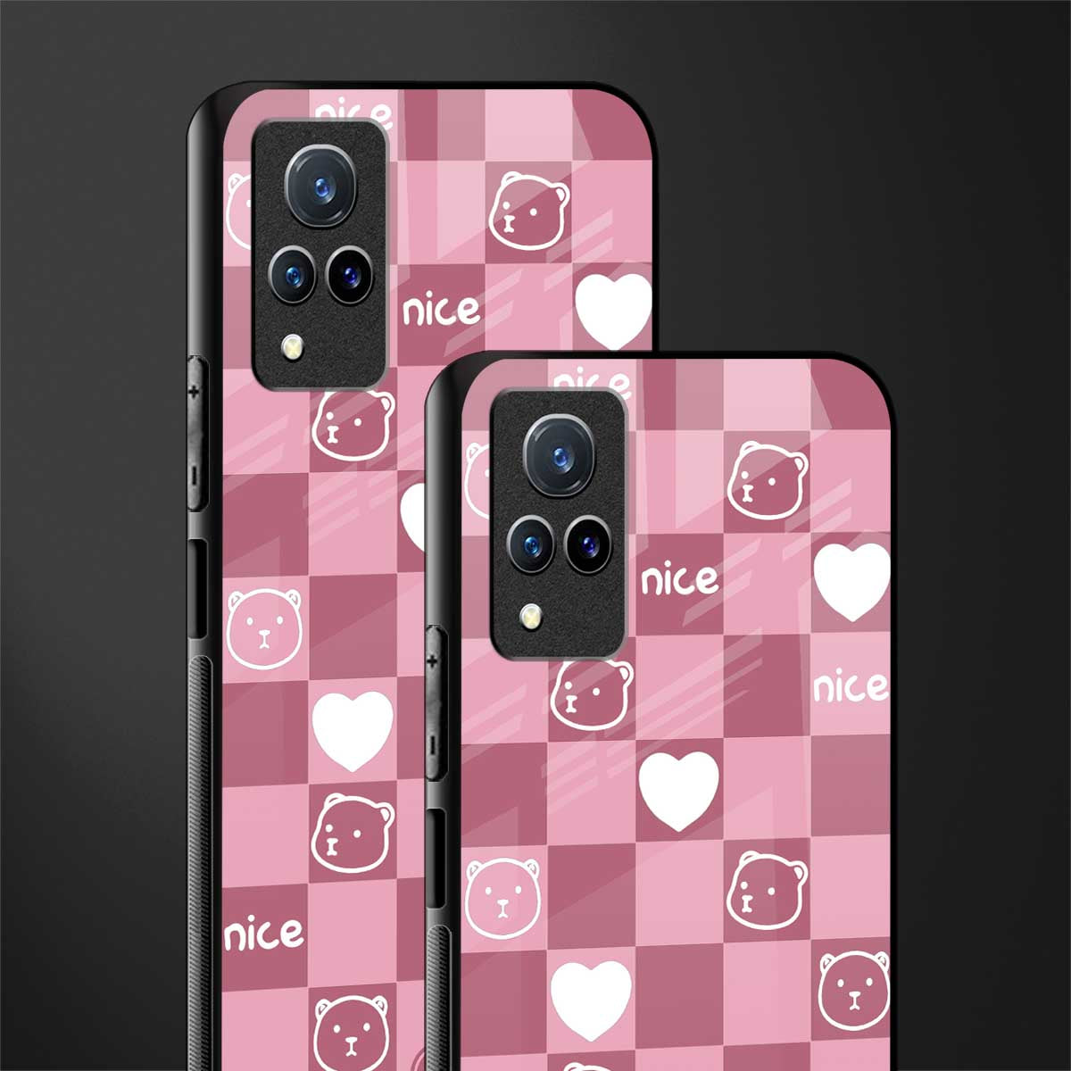 aesthetic bear pattern pink edition glass case for vivo v21 5g image-2