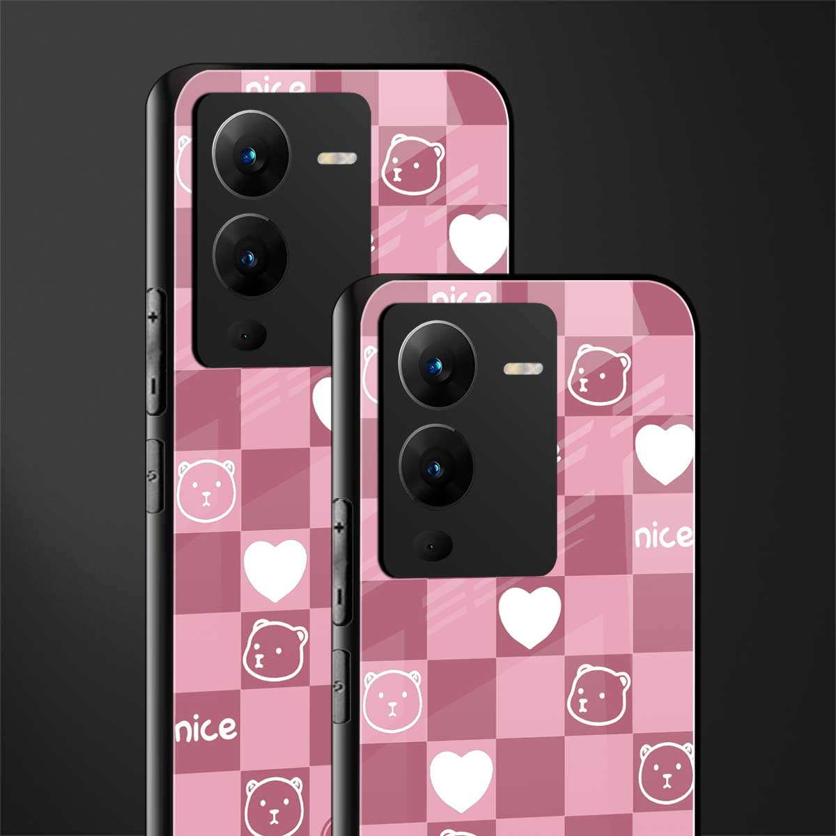 aesthetic bear pattern pink edition back phone cover | glass case for vivo v25 pro 5g