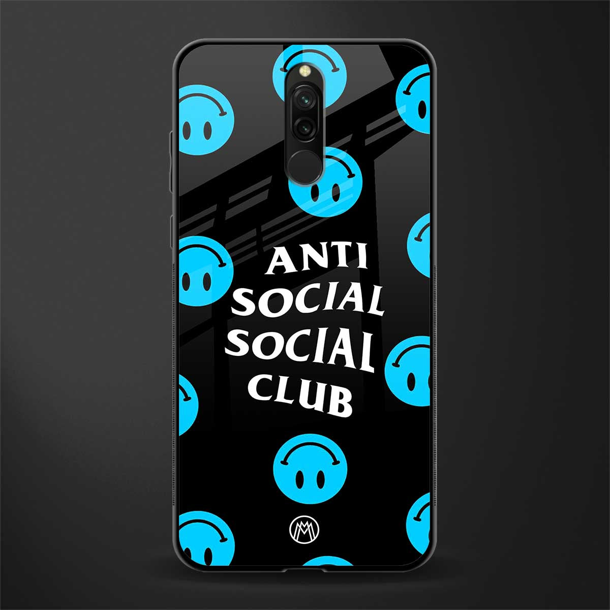 anti social social club x smileys glass case for redmi 8 image