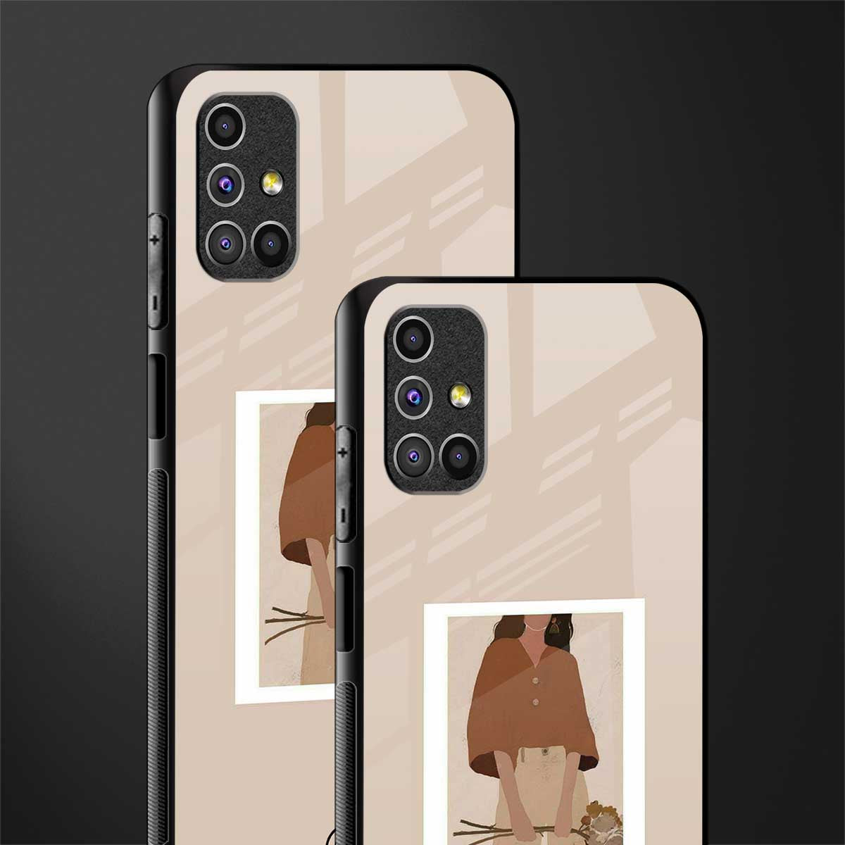 beige brown young lady art glass case for samsung galaxy m51