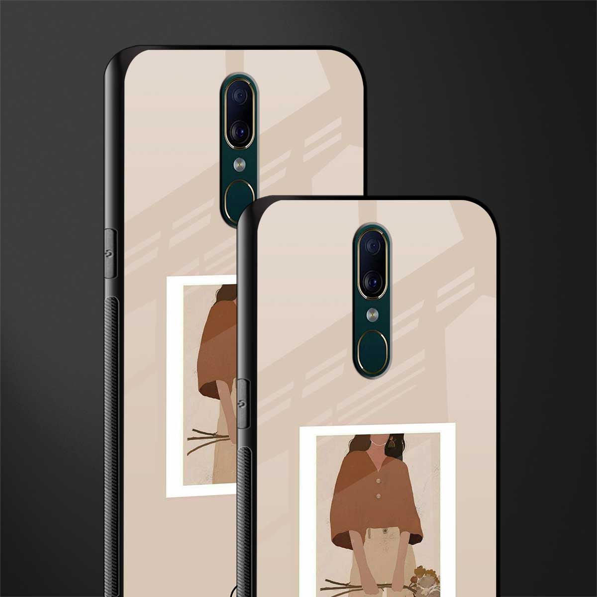 beige brown young lady art glass case for oppo f11