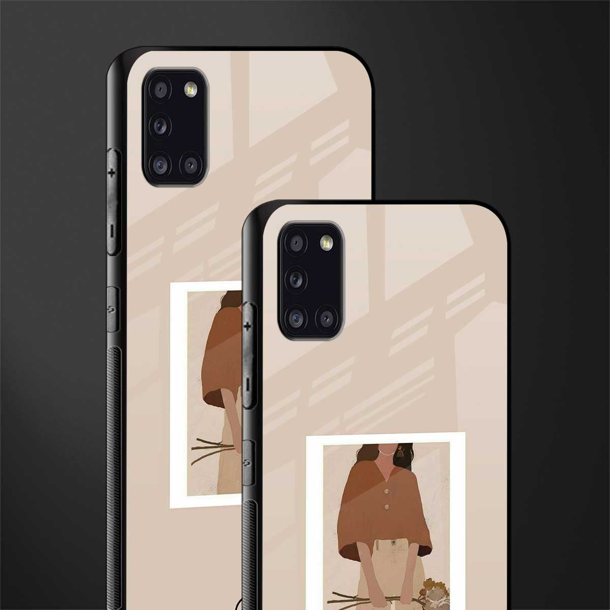 beige brown young lady art glass case for samsung galaxy a31