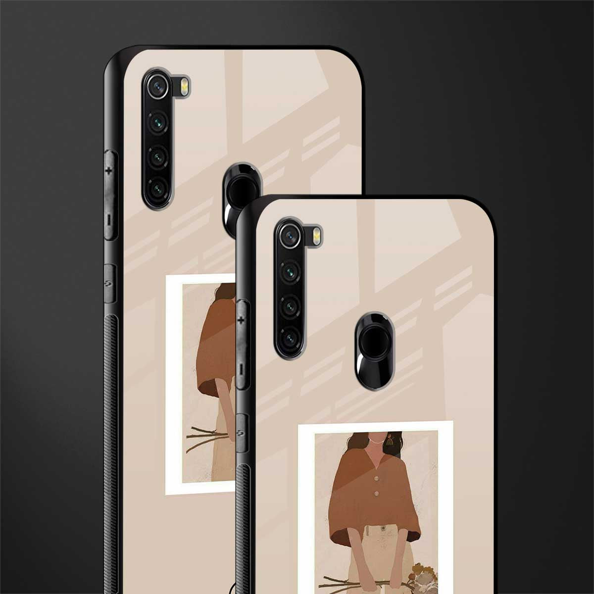 beige brown young lady art glass case for redmi note 8