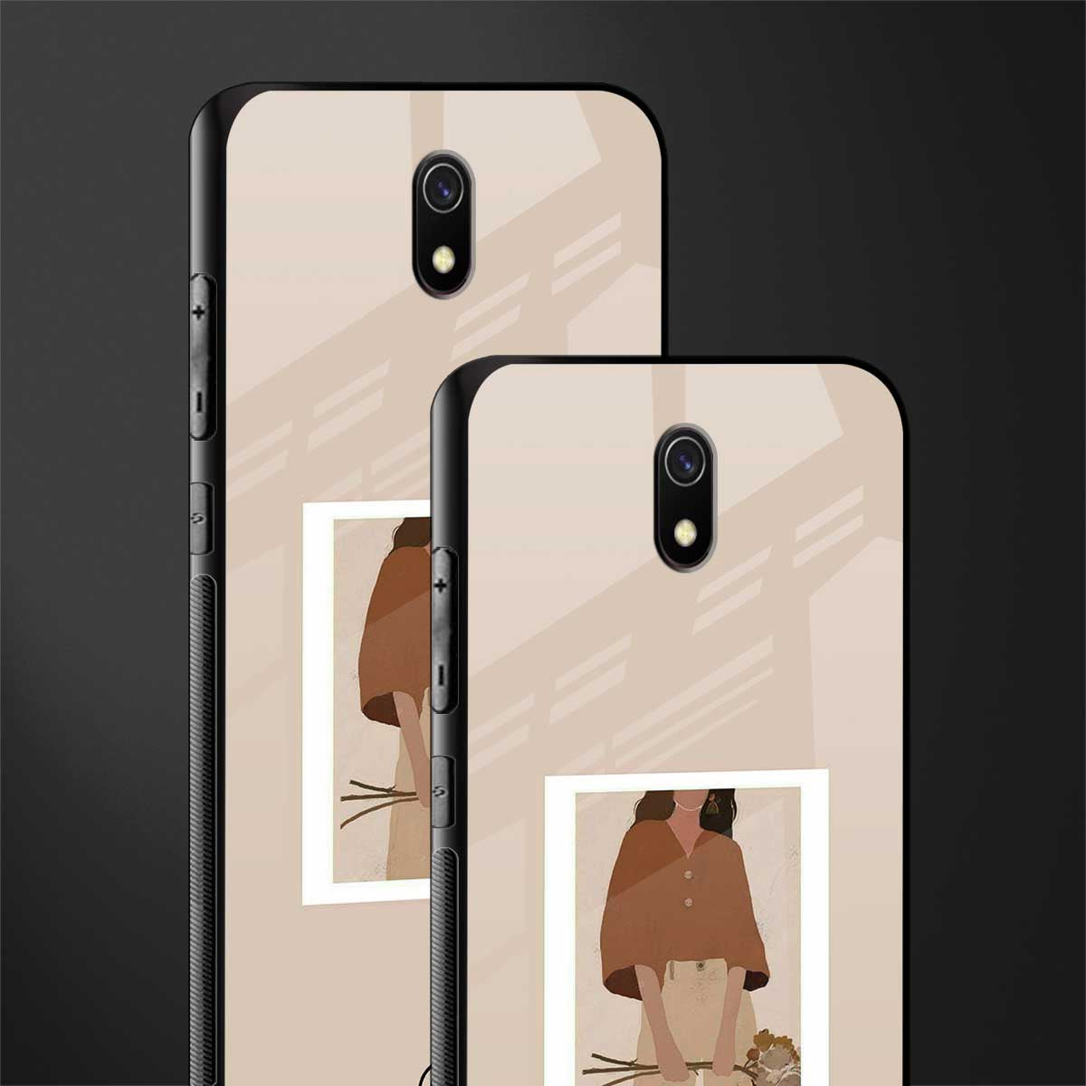 beige brown young lady art glass case for redmi 8a