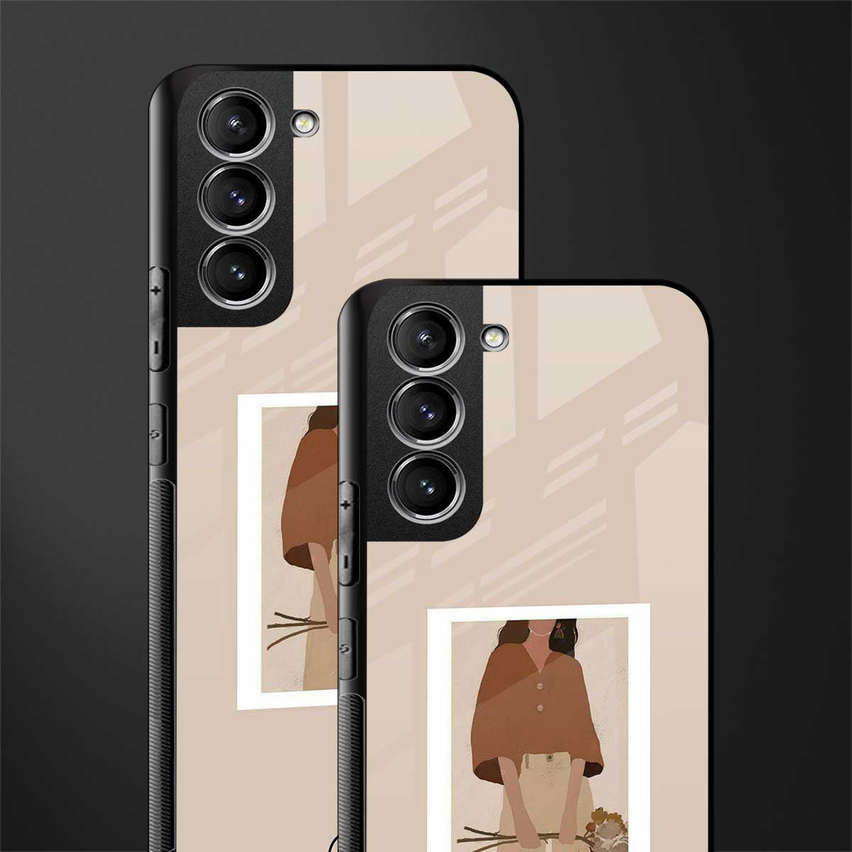 beige brown young lady art glass case for samsung galaxy s21 plus