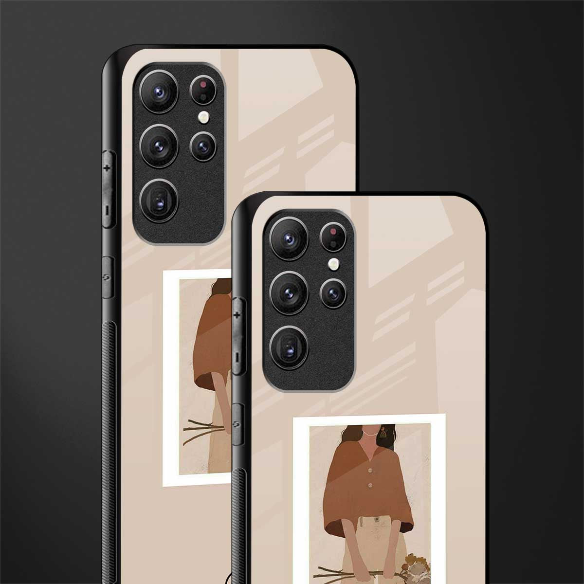beige brown young lady art glass case for samsung galaxy s21 ultra