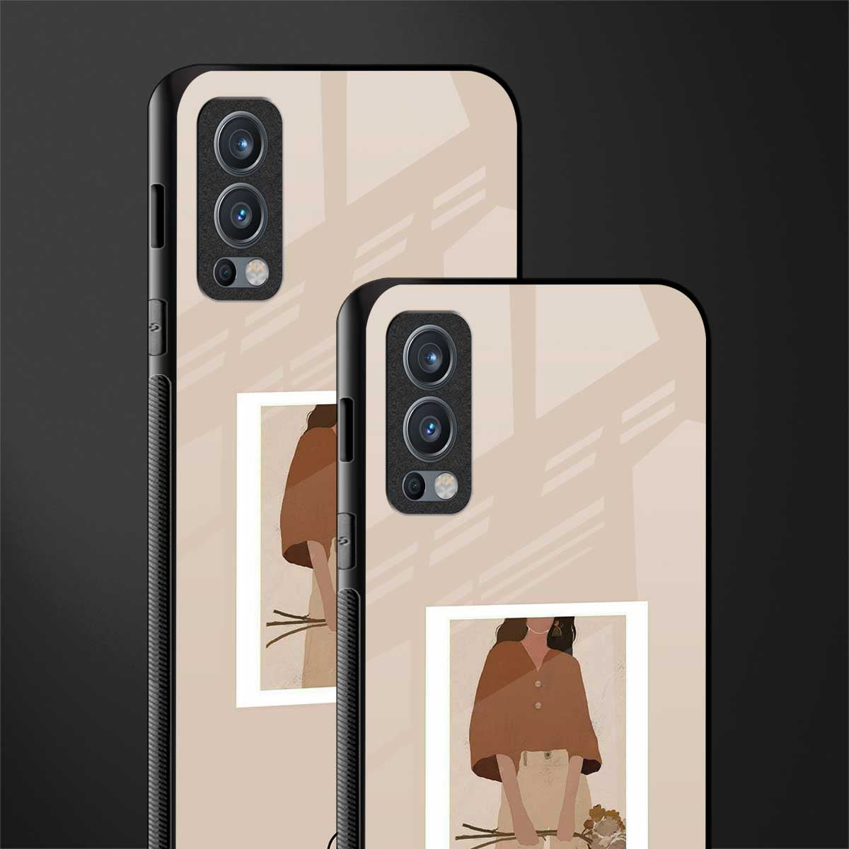 beige brown young lady art glass case for oneplus nord 2 5g