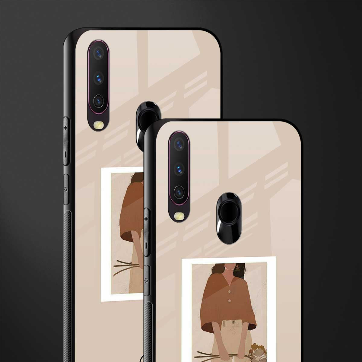beige brown young lady art glass case for vivo y12