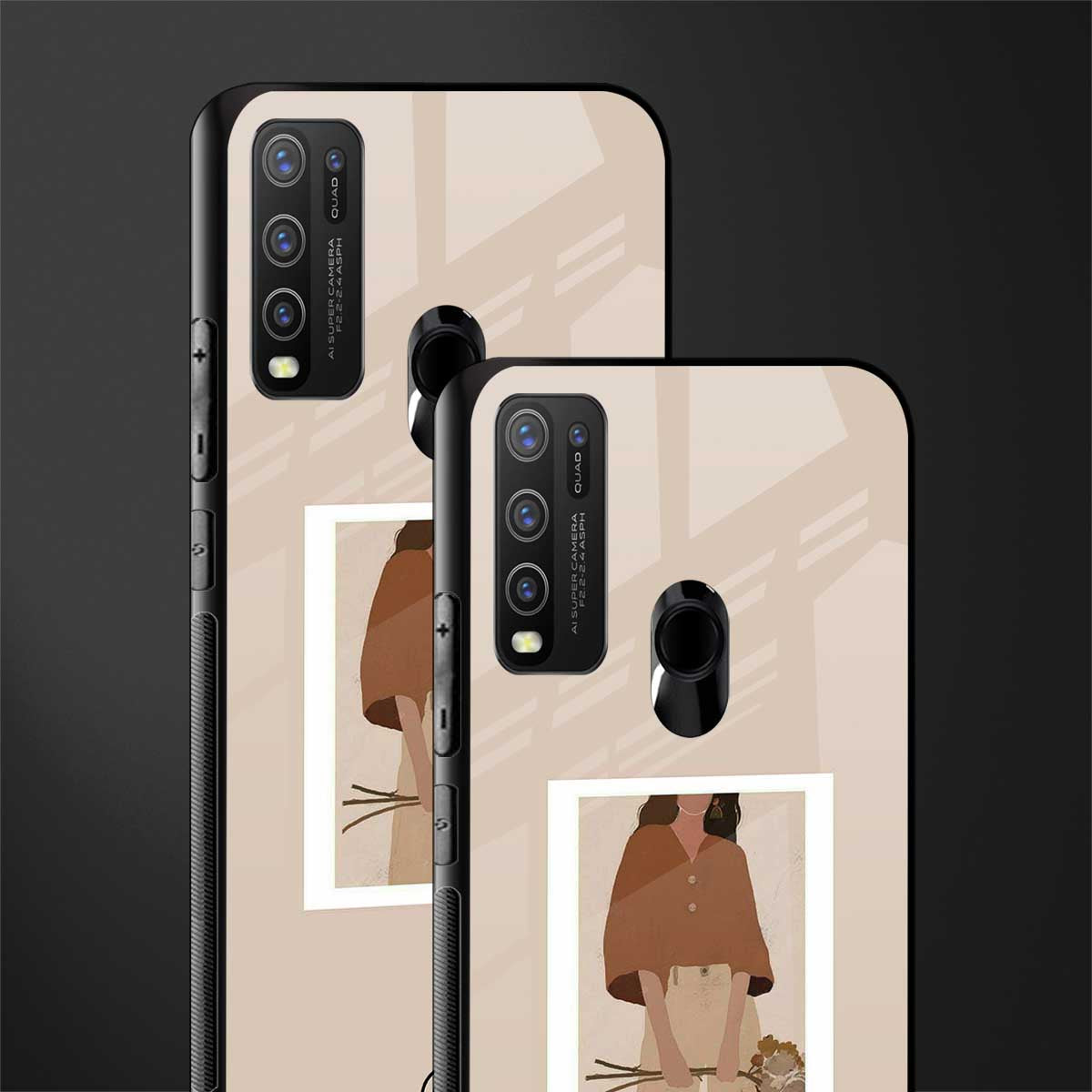 beige brown young lady art glass case for vivo y50