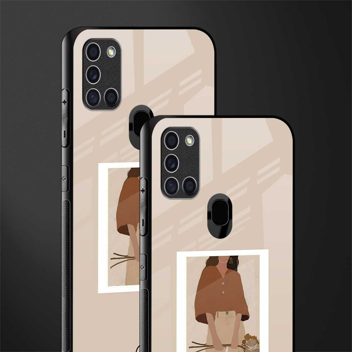 beige brown young lady art glass case for samsung galaxy a21s