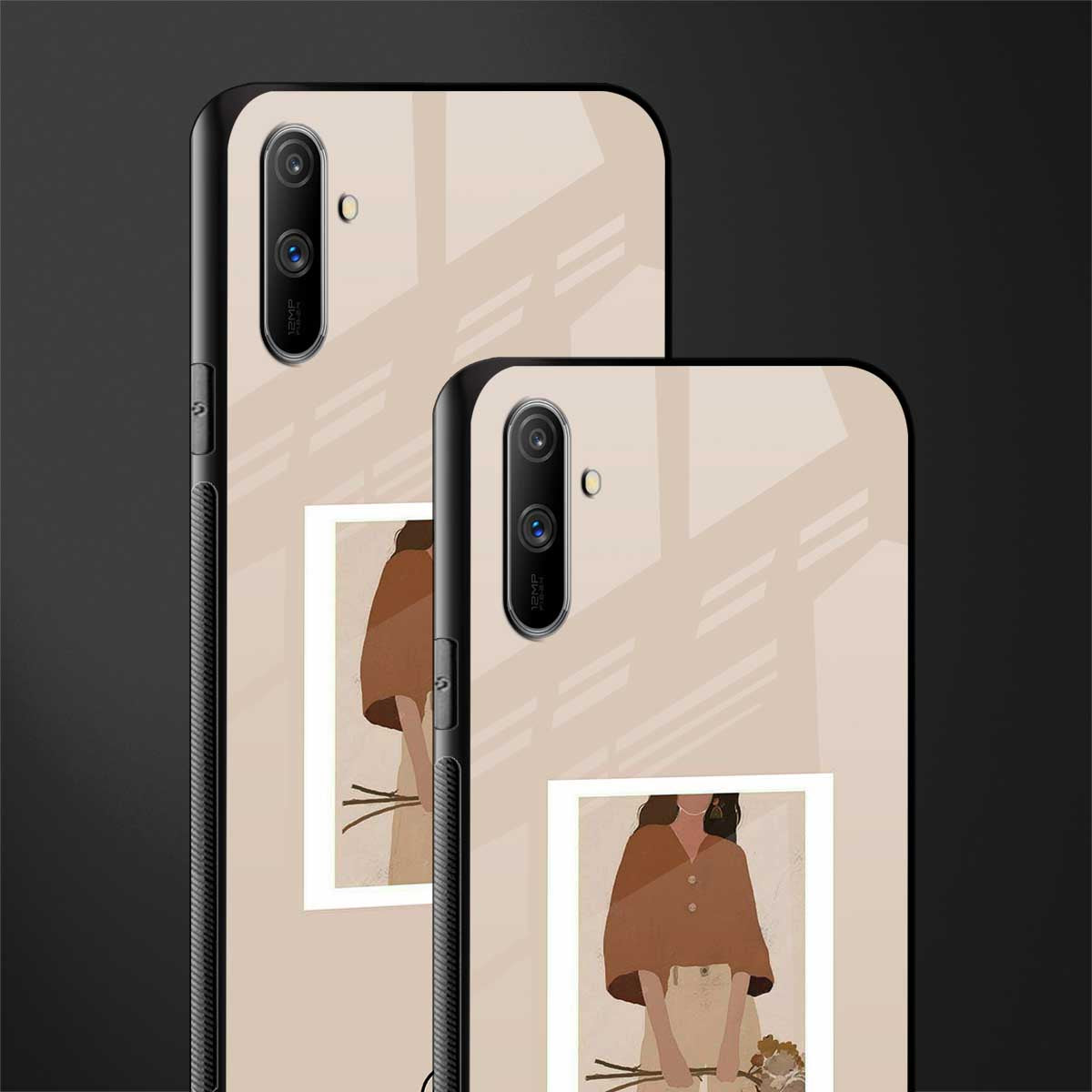 beige brown young lady art glass case for realme c3