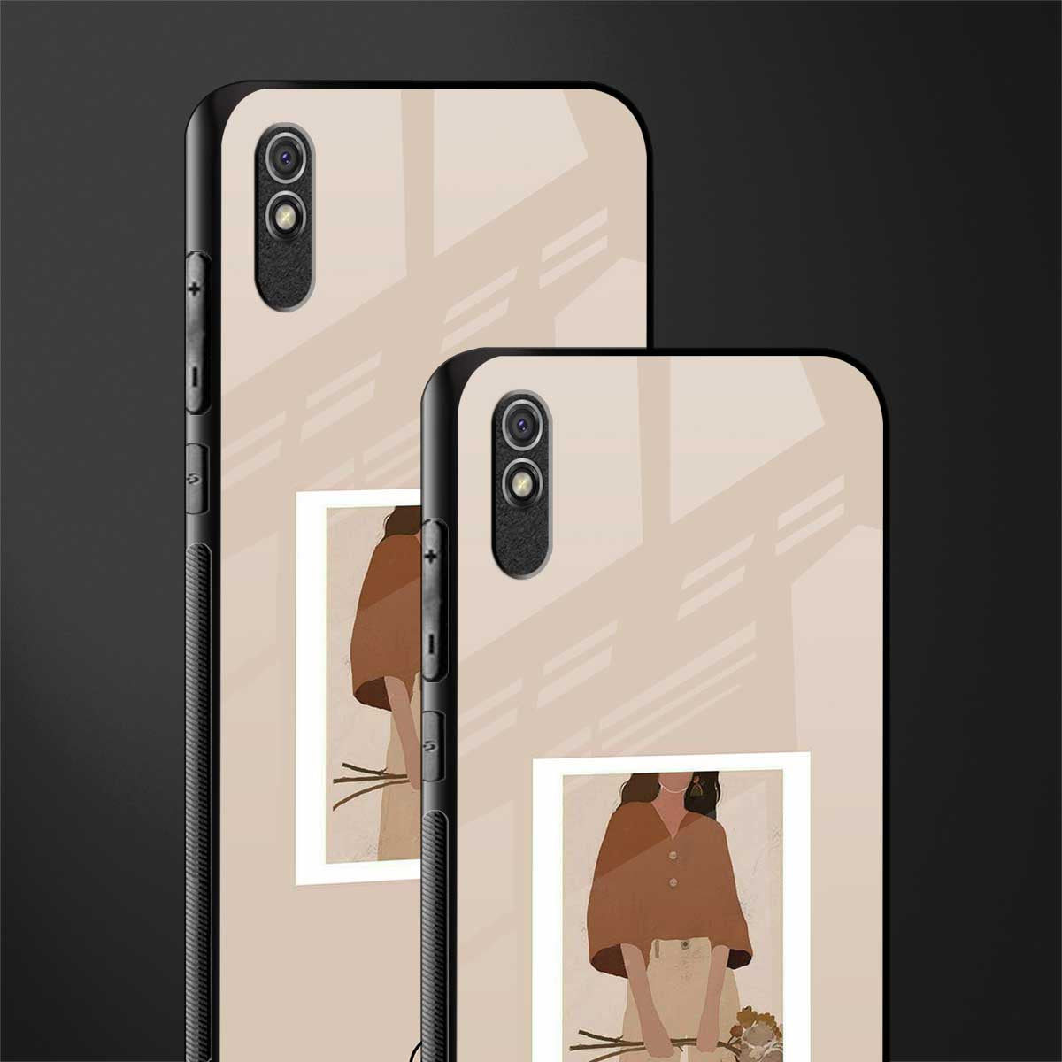 beige brown young lady art glass case for redmi 9a