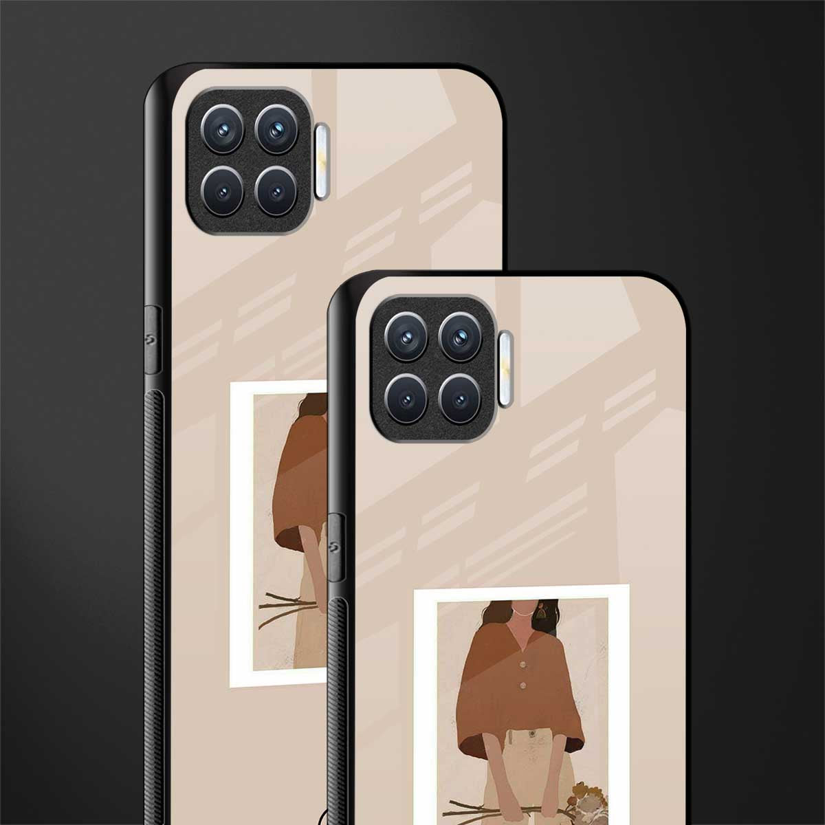 beige brown young lady art glass case for oppo f17 pro