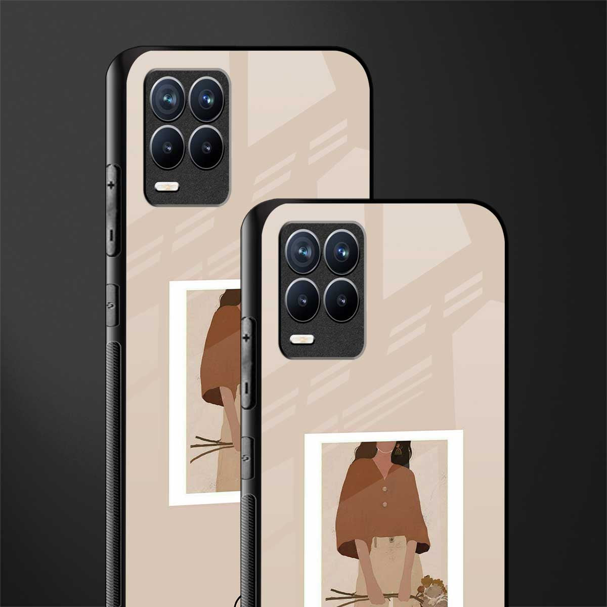 beige brown young lady art glass case for realme 8 4g
