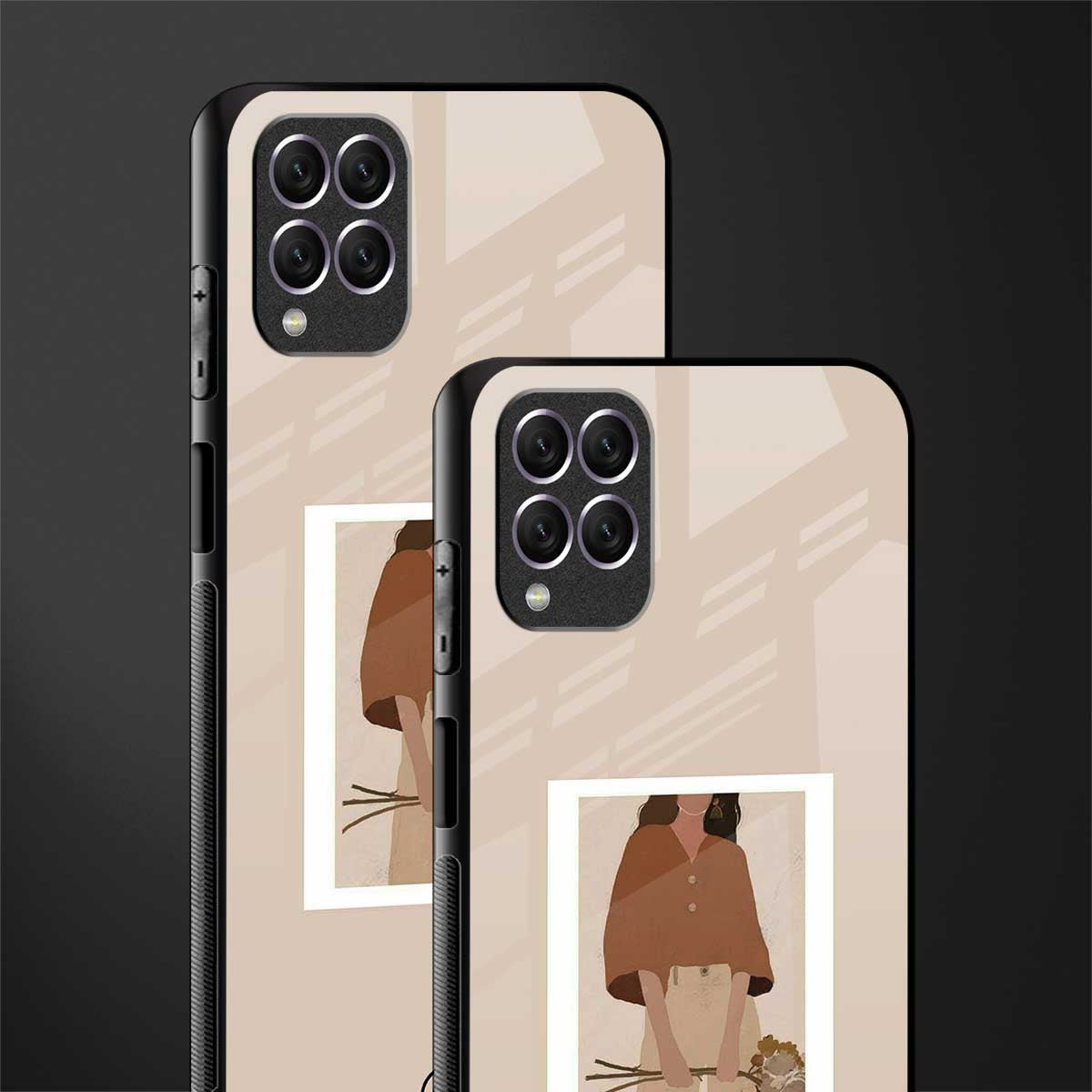 beige brown young lady art glass case for samsung galaxy f62