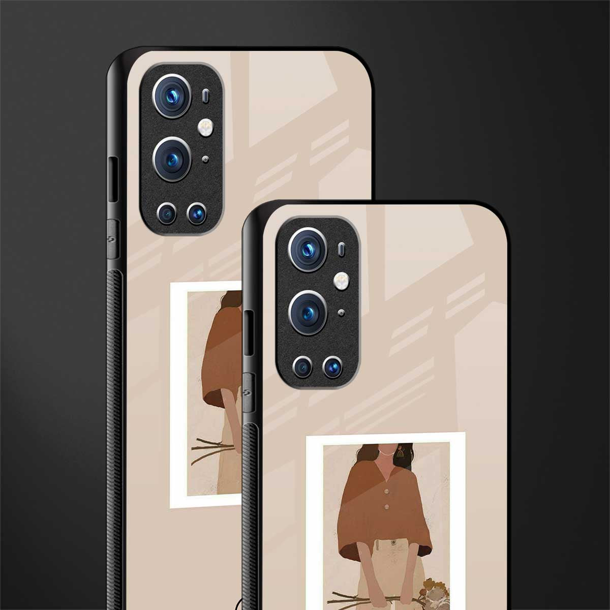 beige brown young lady art glass case for oneplus 9 pro
