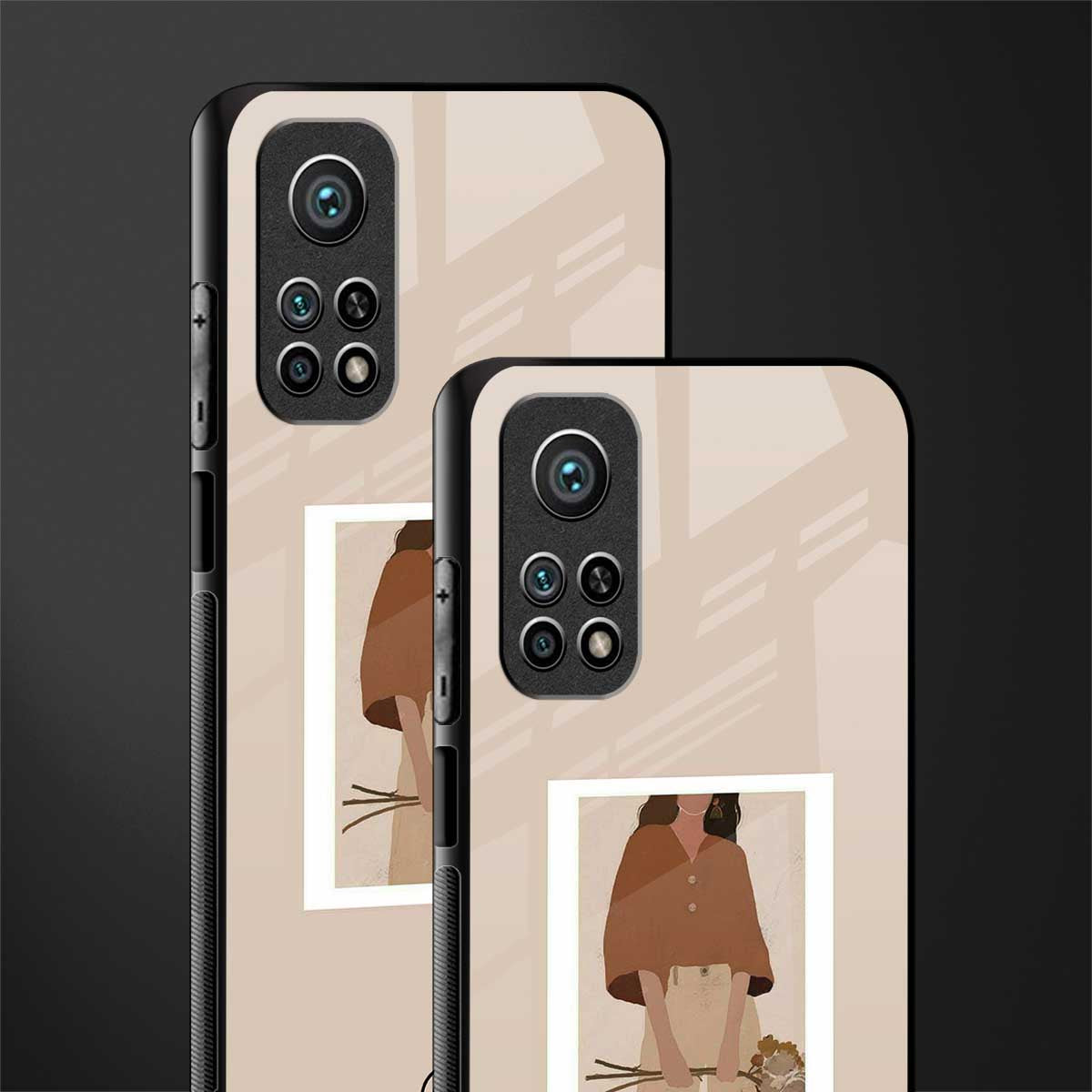 beige brown young lady art glass case for mi 10t 5g