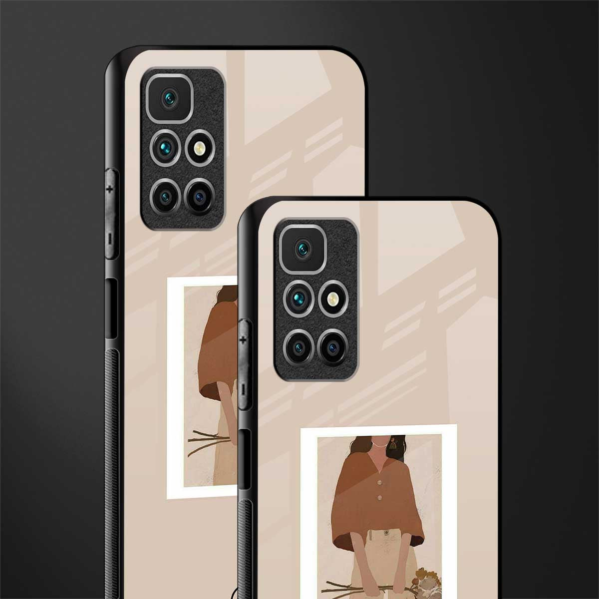 beige brown young lady art glass case for redmi 10 prime