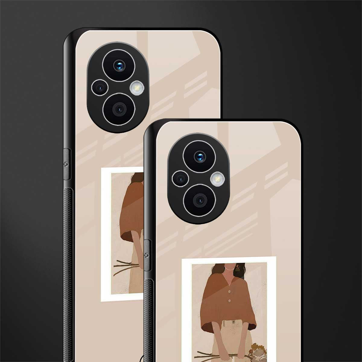 beige brown young lady art back phone cover | glass case for oppo f21 pro 5g
