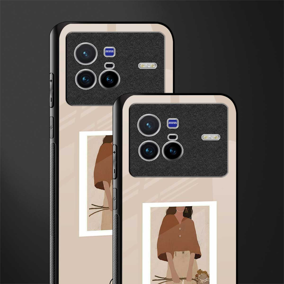 beige brown young lady art glass case for vivo x80