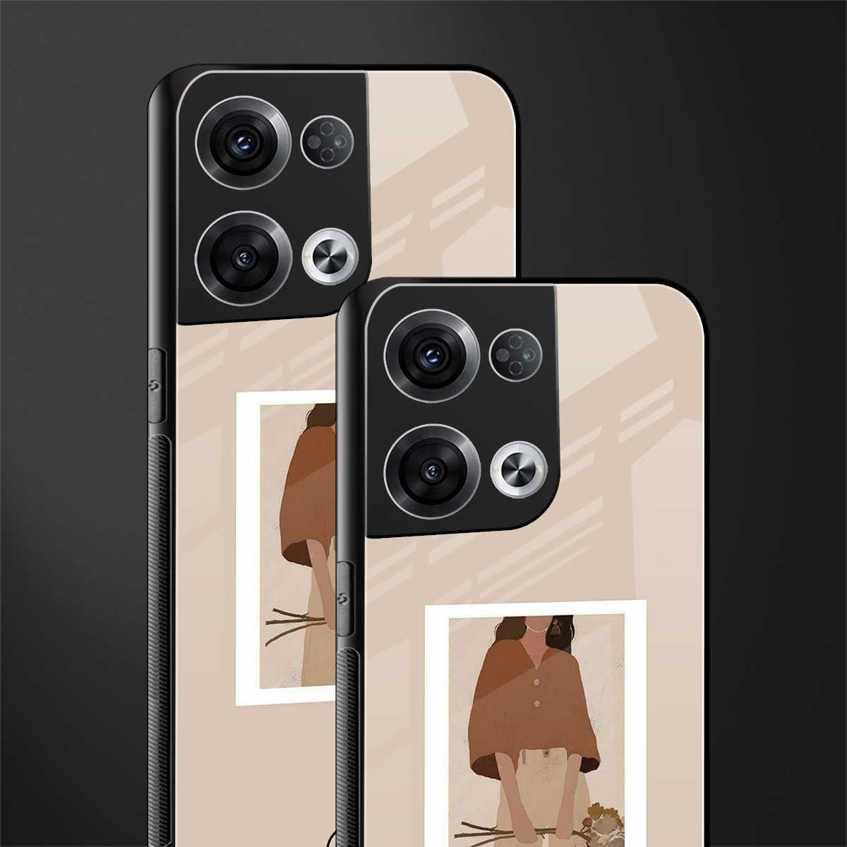 beige brown young lady art back phone cover | glass case for oppo reno 8