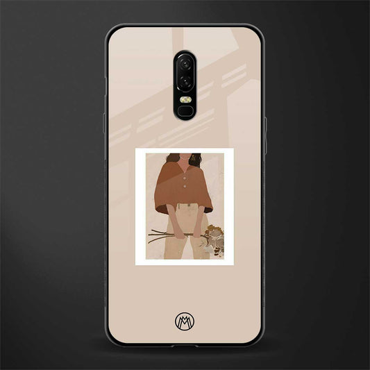beige brown young lady art glass case for oneplus 6