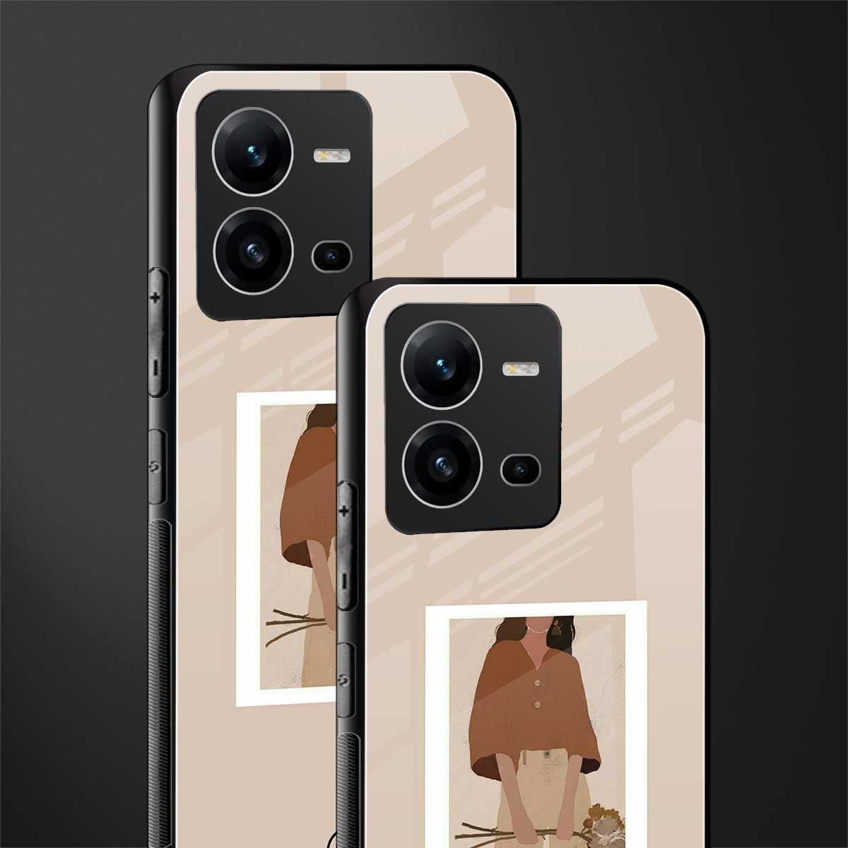 beige brown young lady art back phone cover | glass case for vivo v25-5g