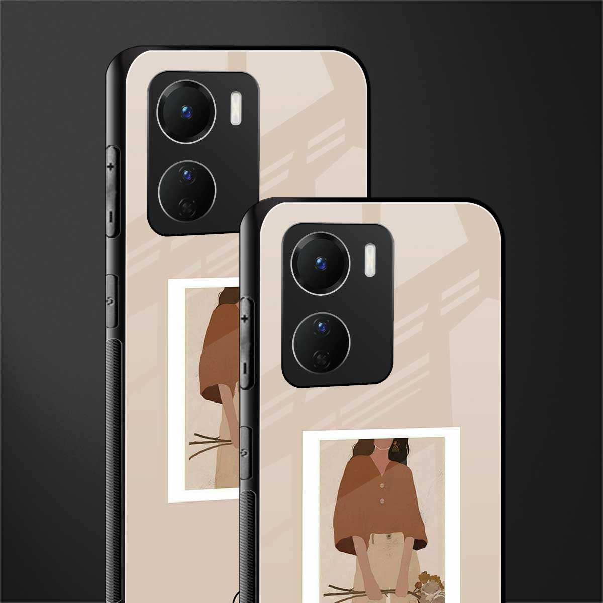 beige brown young lady art back phone cover | glass case for vivo y16