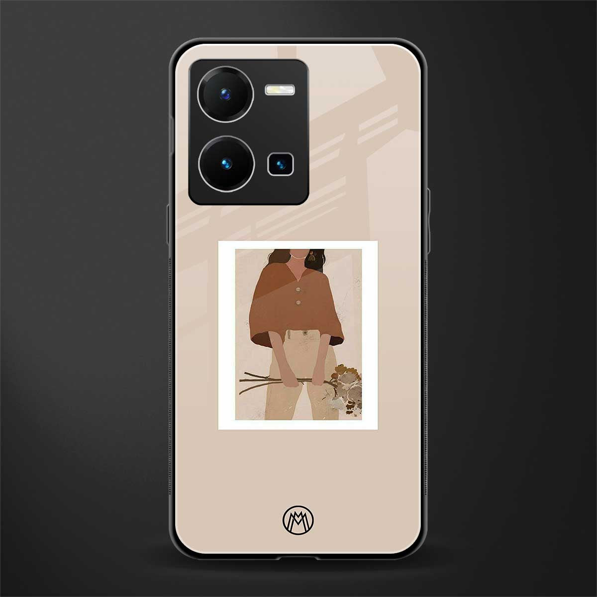 beige brown young lady art back phone cover | glass case for vivo y35 4g