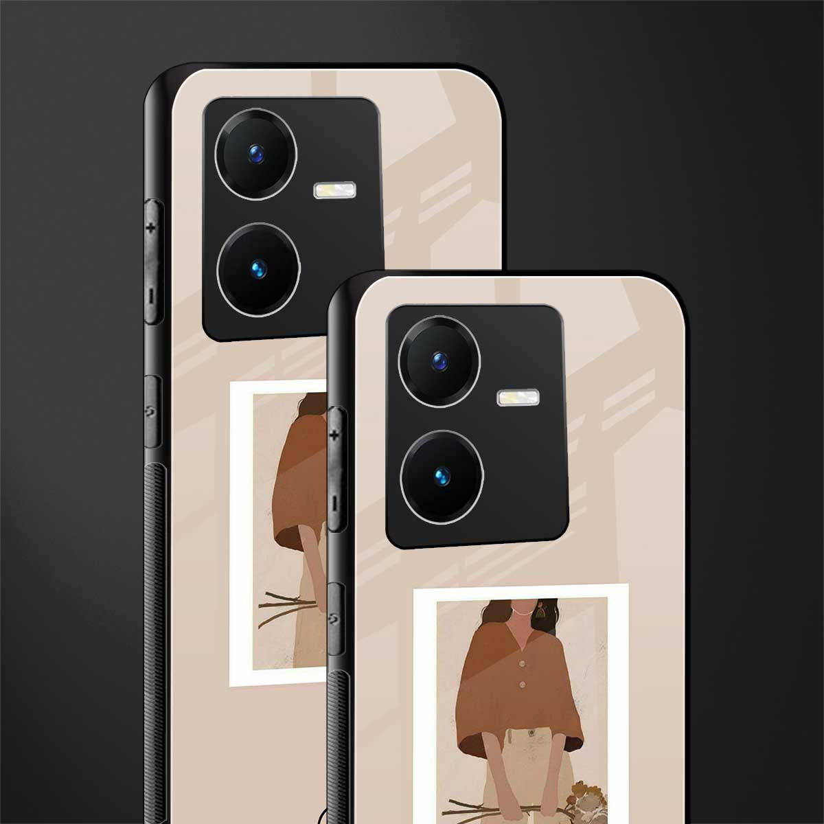 beige brown young lady art back phone cover | glass case for vivo y22