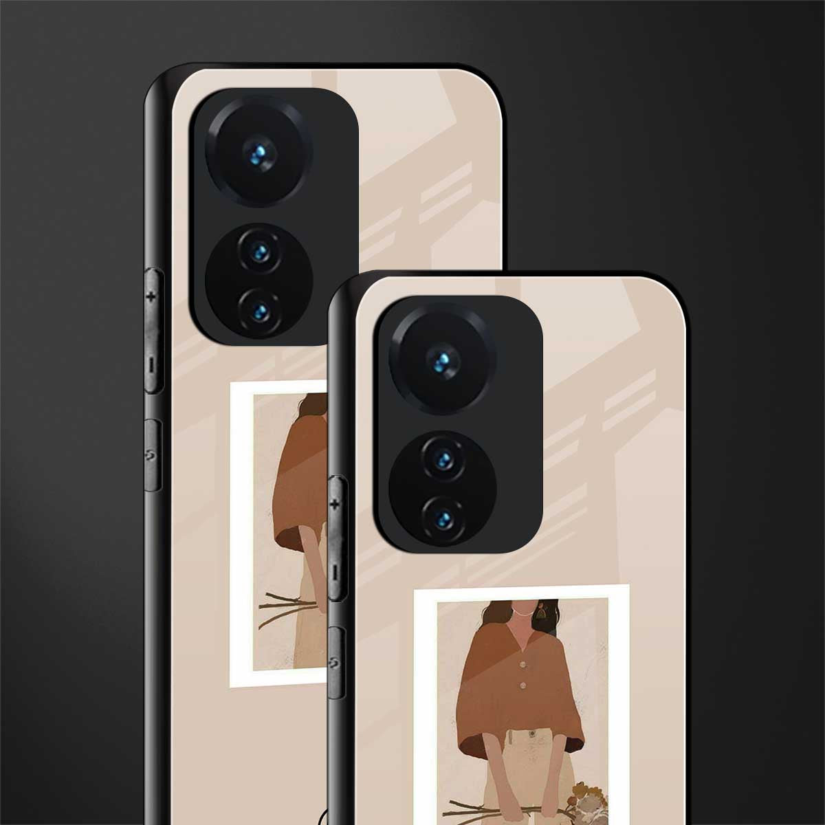 beige brown young lady art back phone cover | glass case for vivo t1 44w 4g