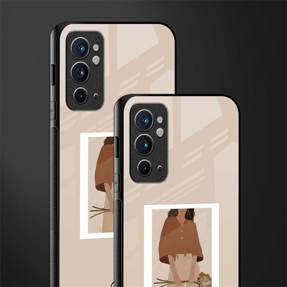 beige brown young lady art glass case for oneplus 9rt