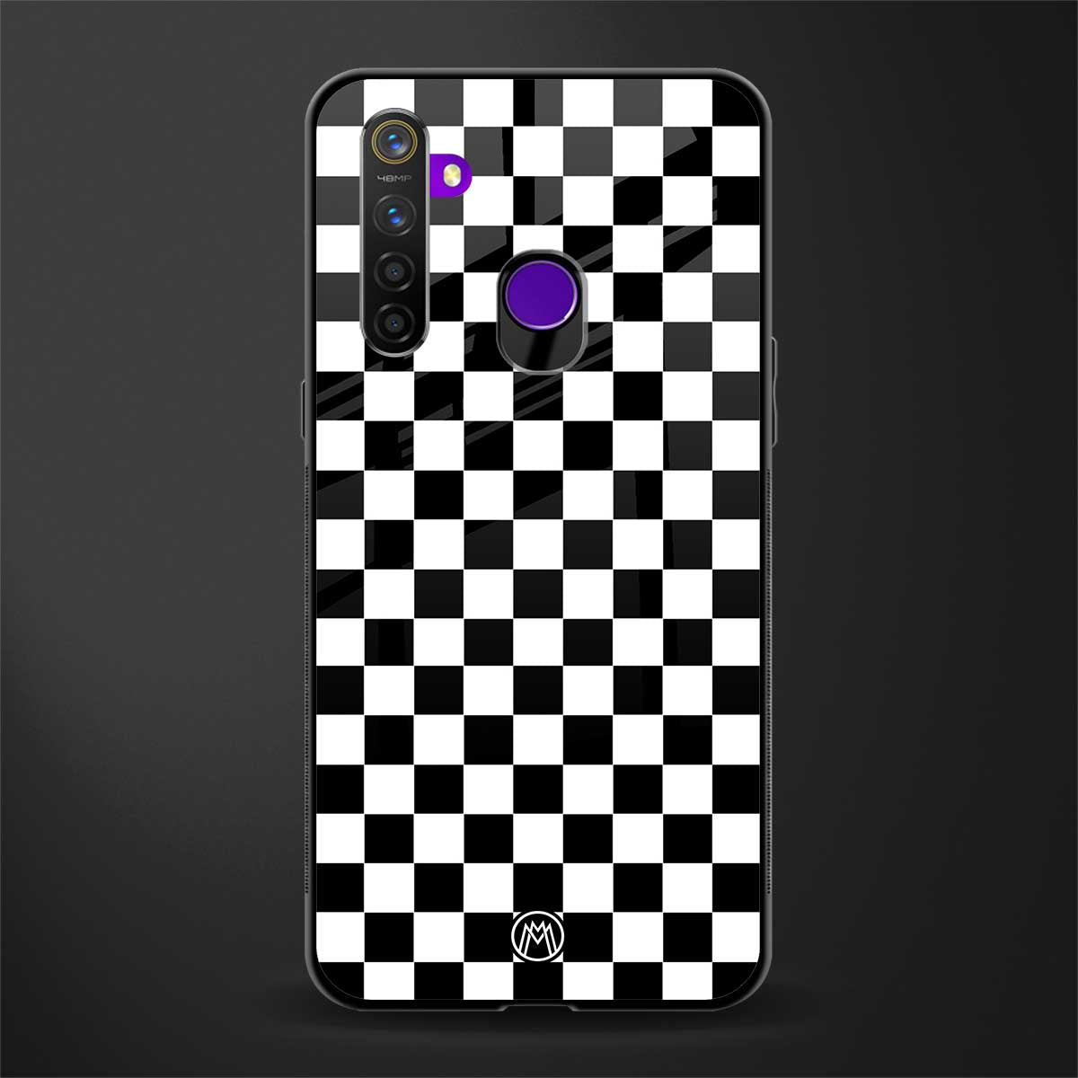 black & white check pattern glass case for realme 5 image