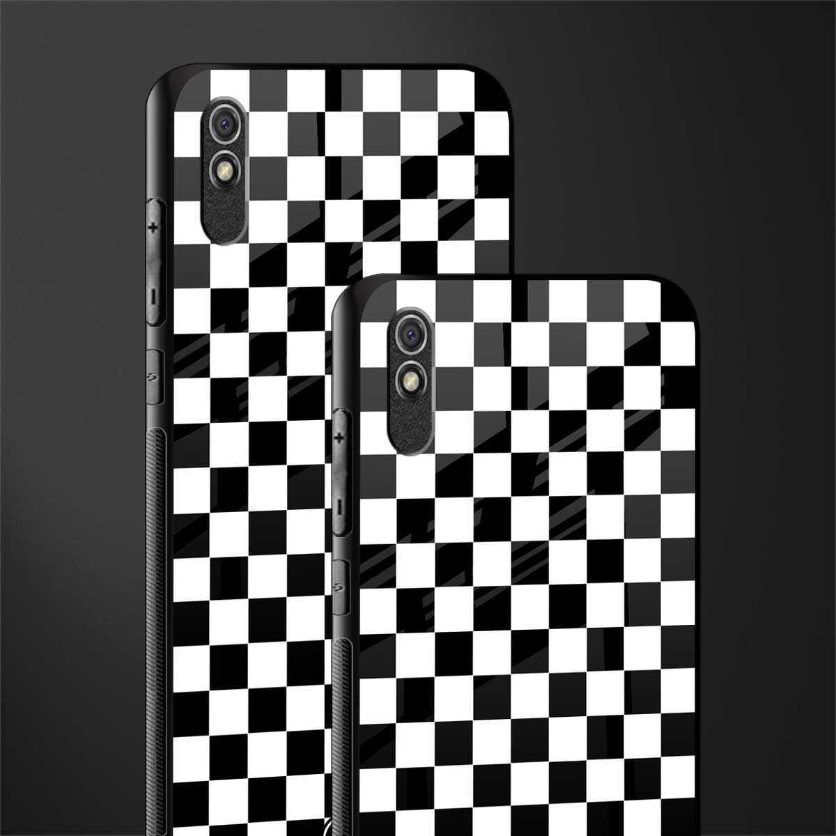 black & white check pattern glass case for redmi 9a image-2