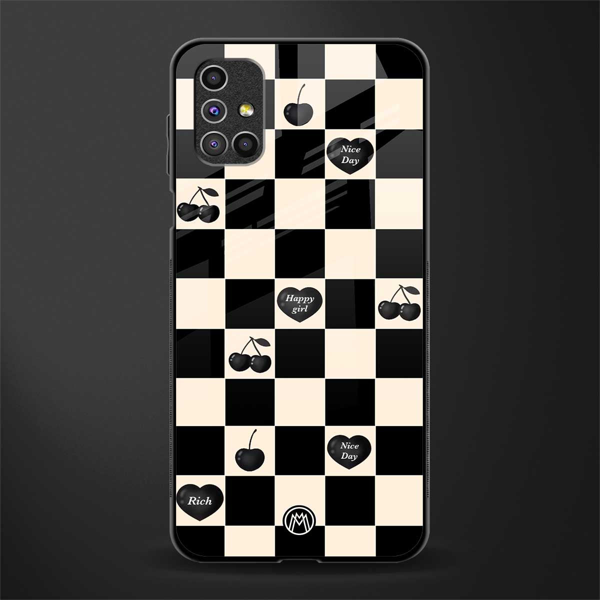 black cherries check pattern glass case for samsung galaxy m51 image
